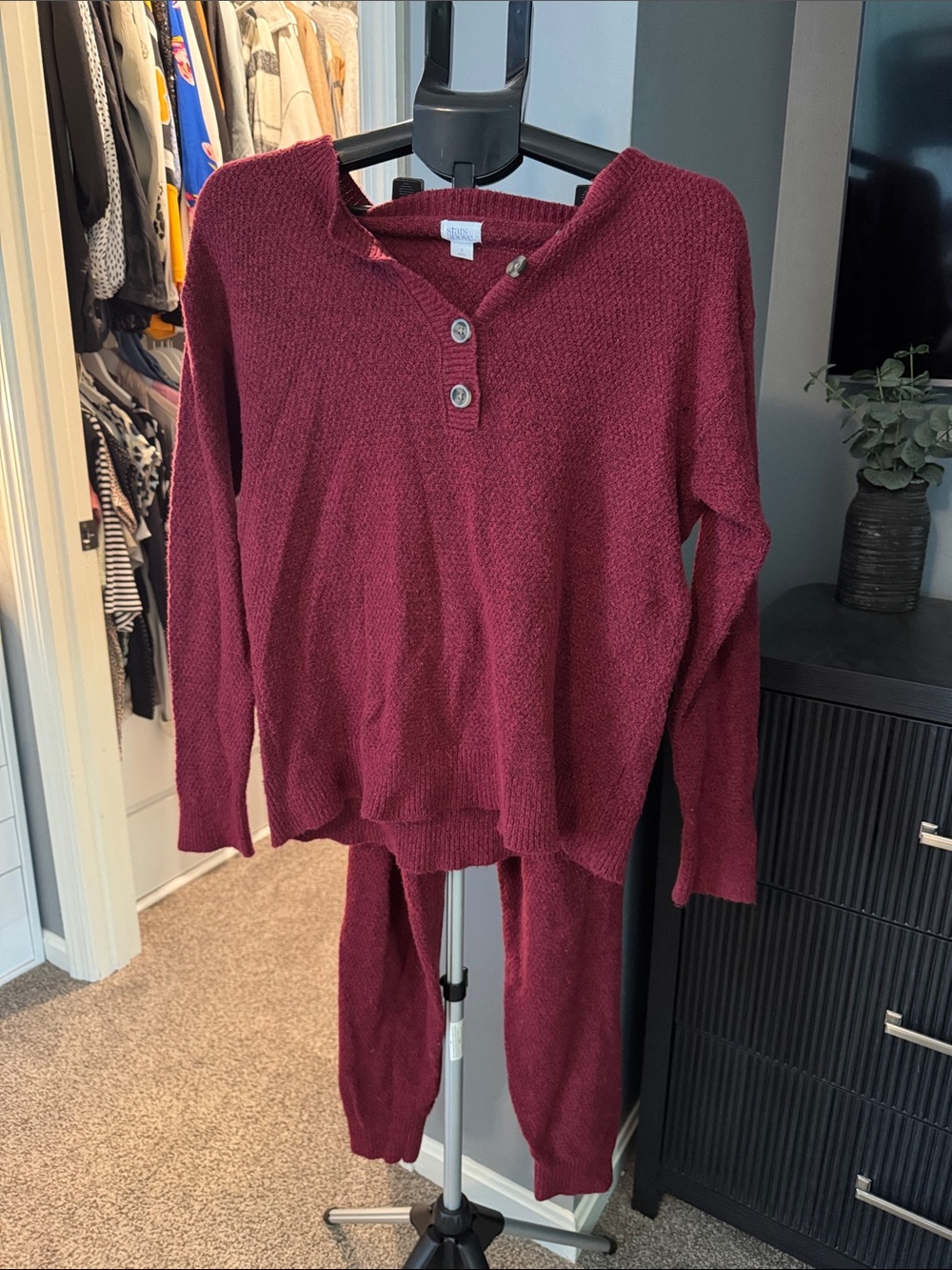 2 pc Cozy Women's Burgundy Knit Henley Sweater